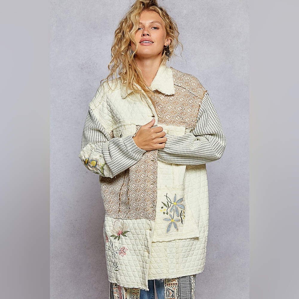 POL Patchwork Jacket in Cream and Tan